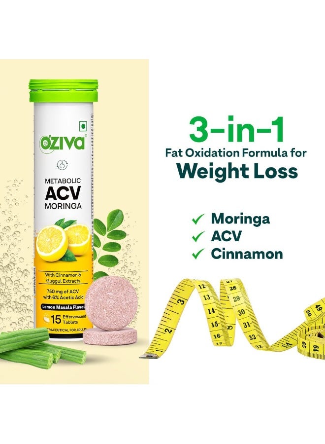 OZiva ACV Moringa Control Cravings Apple Cider Vinegar Cinnamon Guggul No Maltodextrin No Added Sugar 15 Effervescent Tablets Lemon Masala Pack of 8 120 Tablets - Image 2